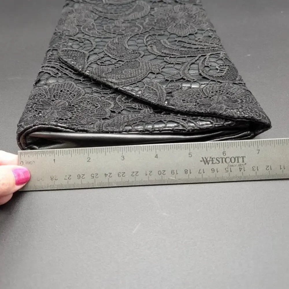 Jessica Simpson Clutch Black Faux Leather Floral Lace Matte Envelope Prom Dance